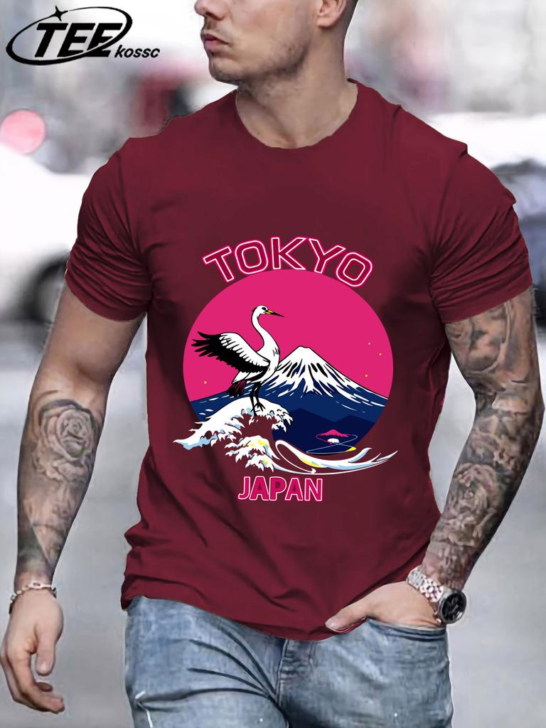 Tokyo Japan Mountain Wave Crane T Shirts Men AllMatch Cotton Basics TShirt Soft Summer Short Sleeve ONeck Loose Casual Top