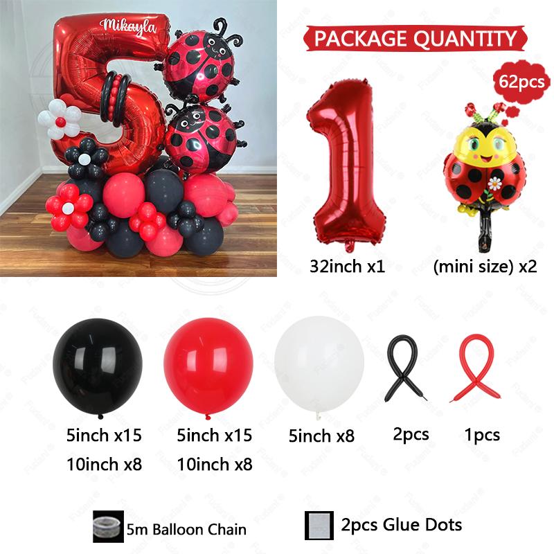 62pcs LadyBug Foil Balloons Garland Arch Kit Red Number Foil Ballon 1-9 Black Dot Happy Birthday Banner Party Decors Air Globos