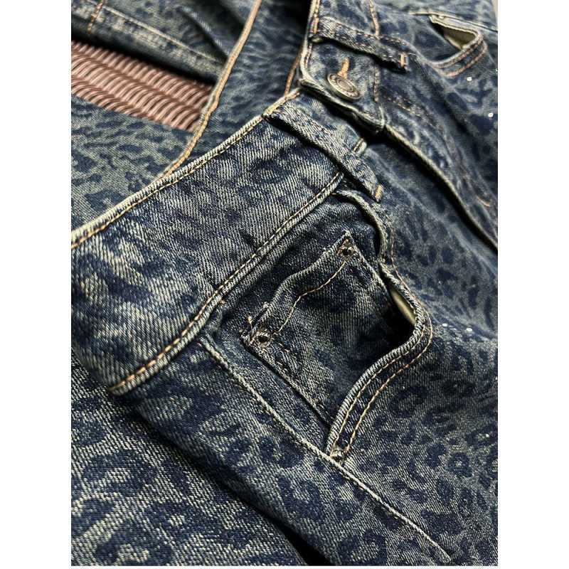 Frühling Retro Leopardenmuster Diamant Weitbeinjeans Damen Hohe Taille und Dünn Bodenlange Hosen