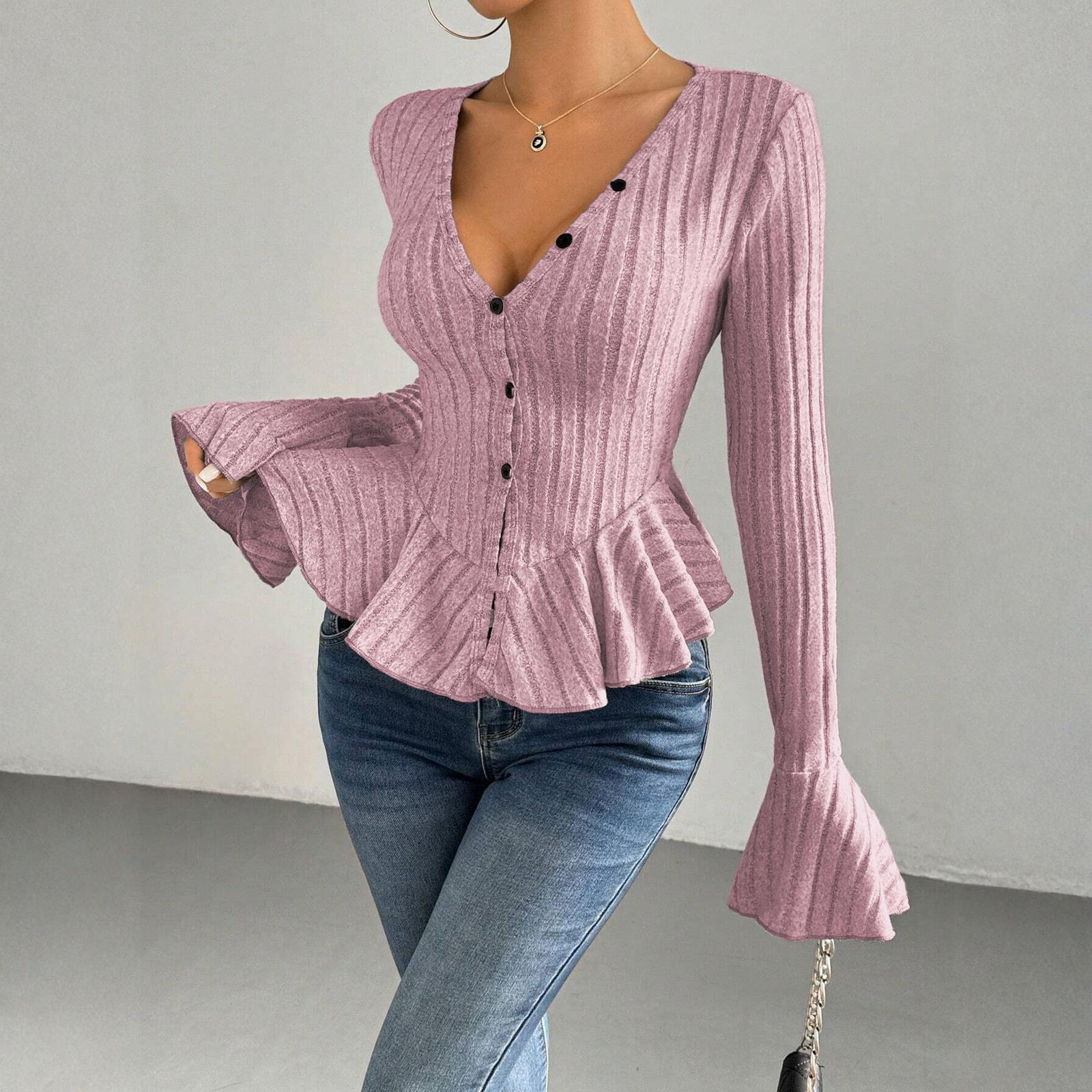 

Women s V-neck Ruffled Solid Color Long-sleeved T-shirt Top XL