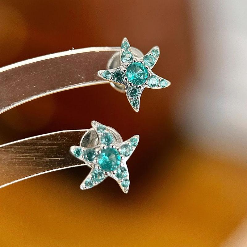 Inspiration Water Lake Blue Full Diamond Starfish Compact Earrings Small Fresh Exquisite Earings Stud Suitable for Daily Jewelry