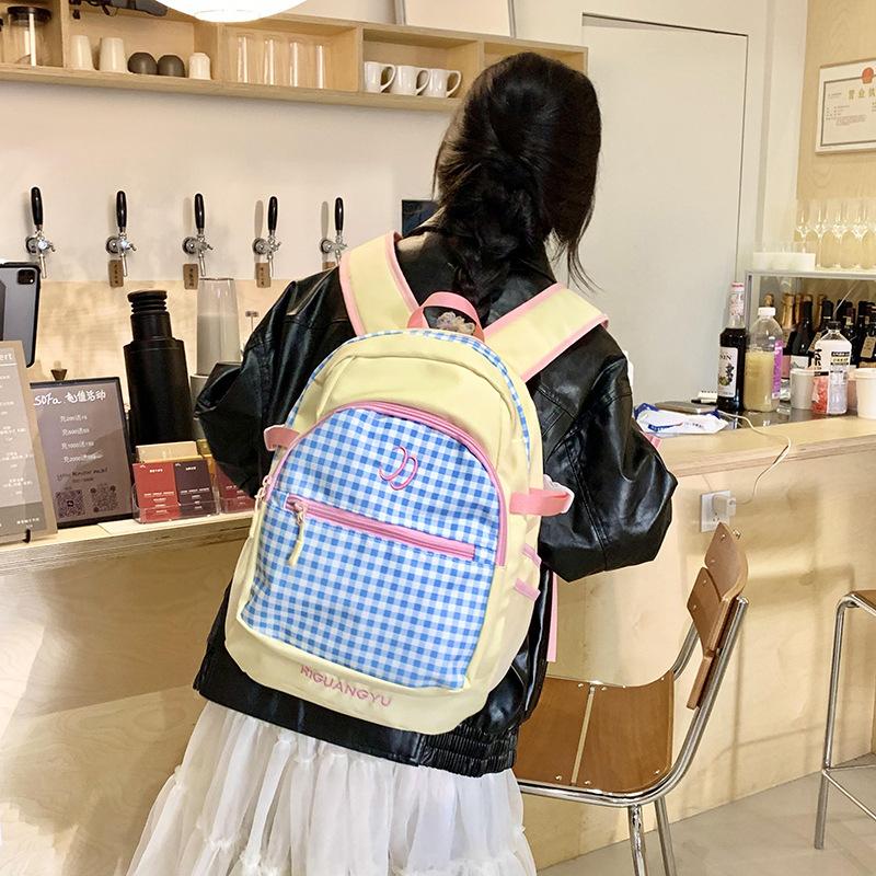 New Japanese Plaid Ins Cute Simple College High School College Travel Backpack Junior High School Girls Backpack