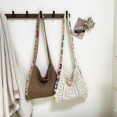 Sac tricoté d'été à bandoulière oblique, nouveau sac tissé à fleurs, sac cabas de voyage de grande capacité pour les déplacements