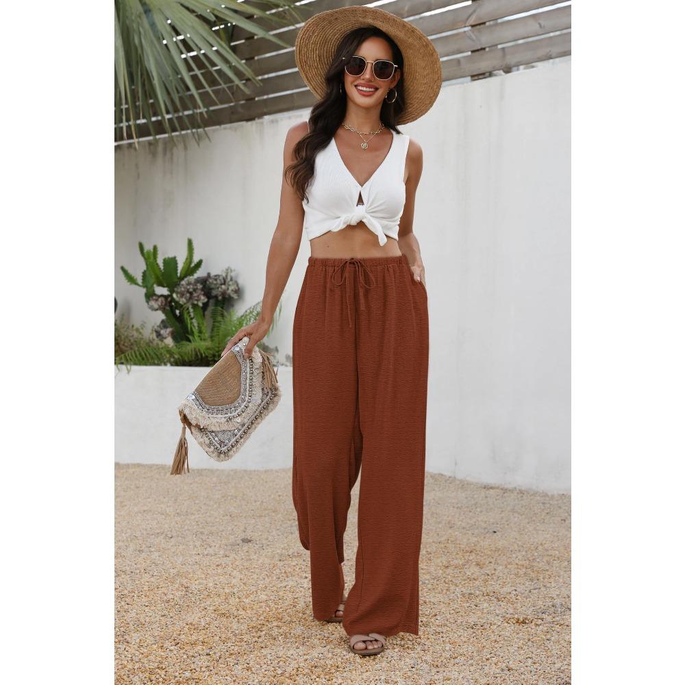 New summer casual women’s drawstring, loose-fitting, slimming, plain-coloured wide-leg trousers
