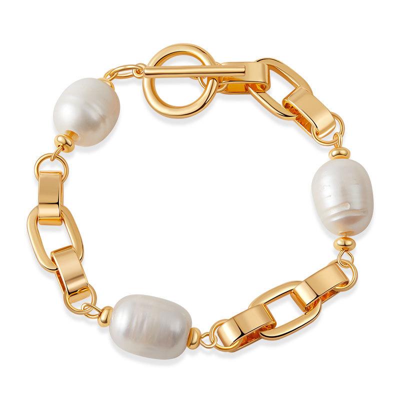 Gold Plated Mixed Chain Baroque Pearl Bracelet
