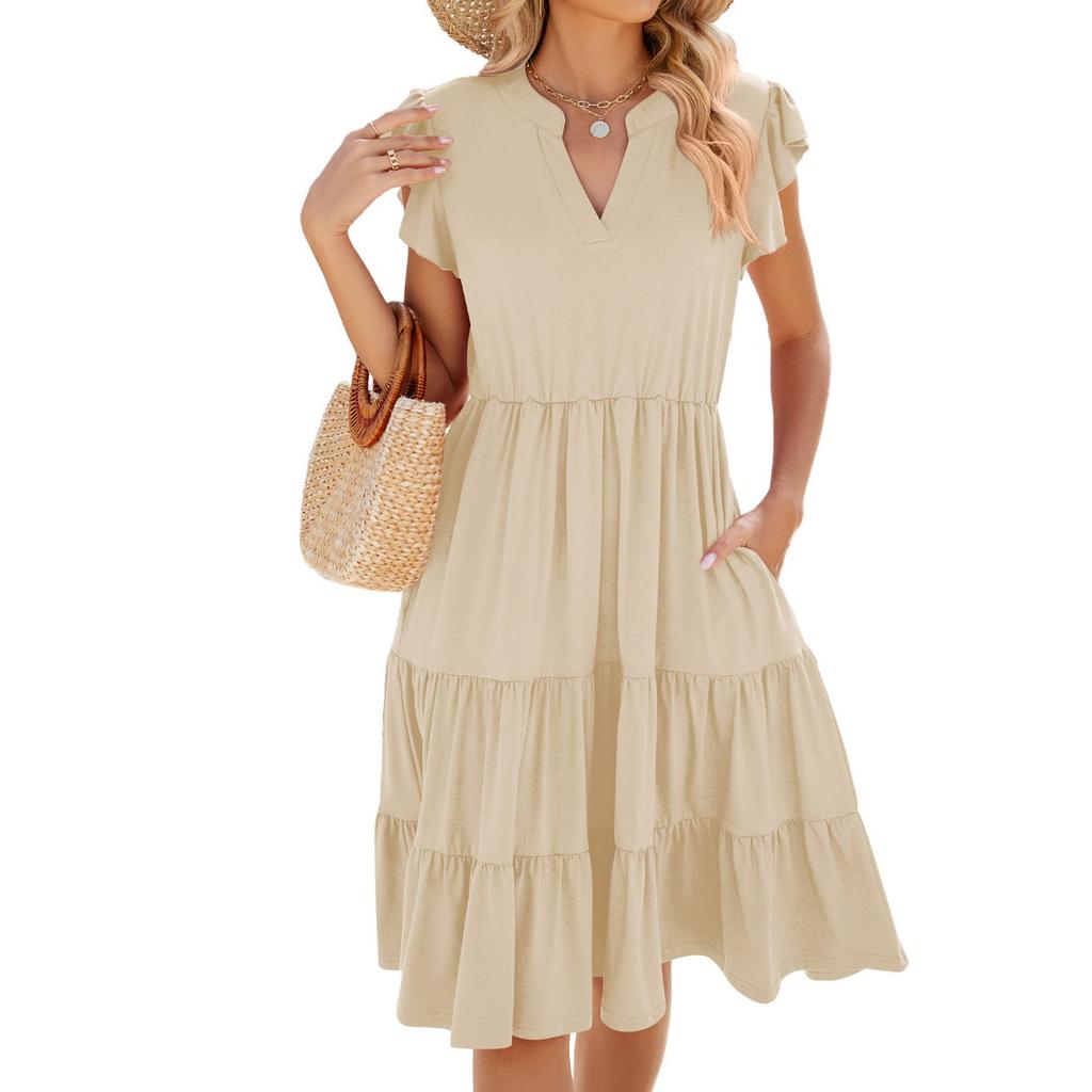 Spring Summer New Solid Color V-neck Loose Short Sleeve Waist-tight splicing Dress For Women Cross-border Trade