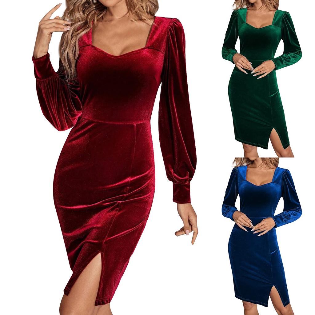 Women's Fashion Fall And Winter Slim Square Neck Elegant Velvet Long Sleeve Dresses