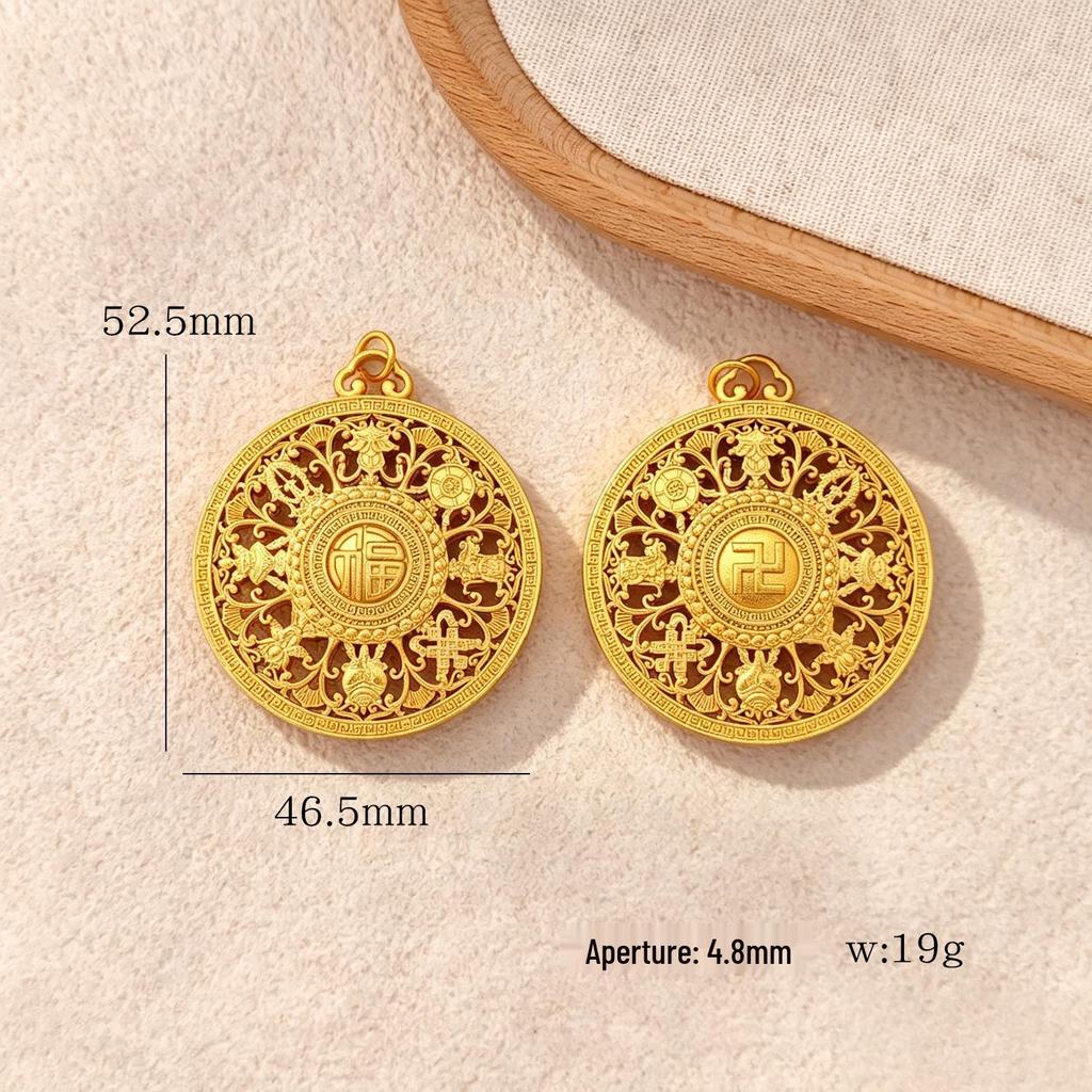 Copper-Plated Auspicious Eight Treasures Compass Pendant Necklace with 24K Gold and Strong Color Retention.