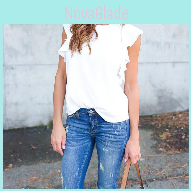 Elegant Ladies Summer Lotus Lace Short Sleeve Casual Shirt Tops Blouse T-shirt