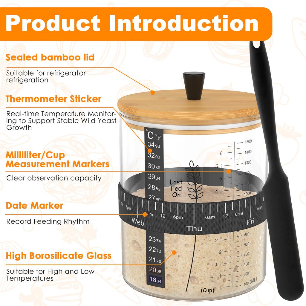 1/2 Stück Borosilikatglas Sauerteigstarter-Gefäß-Kit 51 OZ Große Kapazität Sauerteigbrot-Starter-Kit mit Bambusdeckel Stoffabdeckung