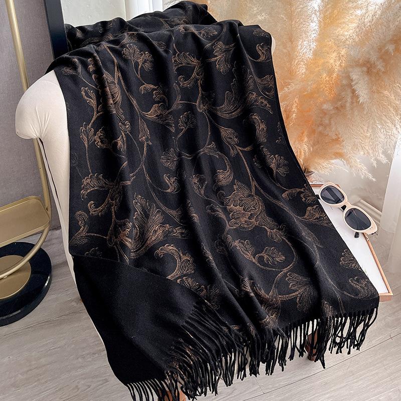 Autumn and Winter Thick Warm Scarf, Classical European Gilded Floral Shawl, Tassel Hot Stamping Shawl, Women's Scarf