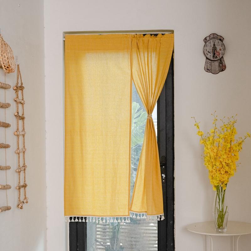 Japan Style Plaid Fabric Short Hanging Curtain Living Room Partition Door Curtain Kitchen Cafe Decoration Half Valance