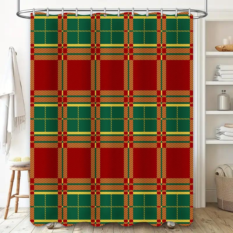 Modern Plaid Shower Curtain SetWaterproof Polyester Fabric with 12 Hooks for Bathroom Decor (Pink/Brown)
