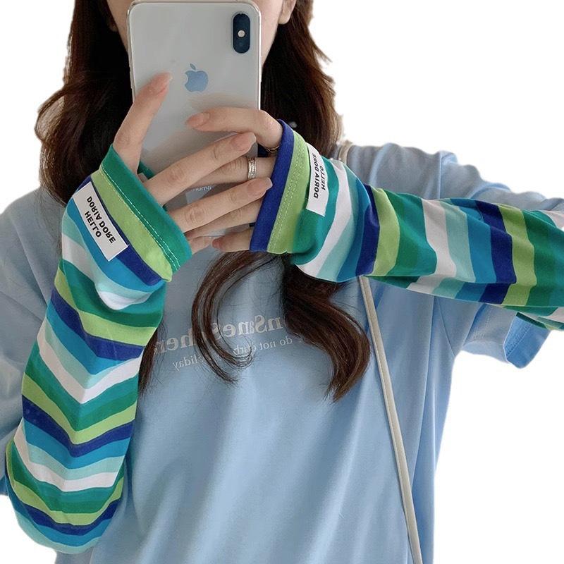 Mangas para Brazos Rayadas de Bloque de Color de Seda de Hielo con Protección UV para Mujer 2025 - Protector Solar y Transpirables para el Verano al Aire Libre