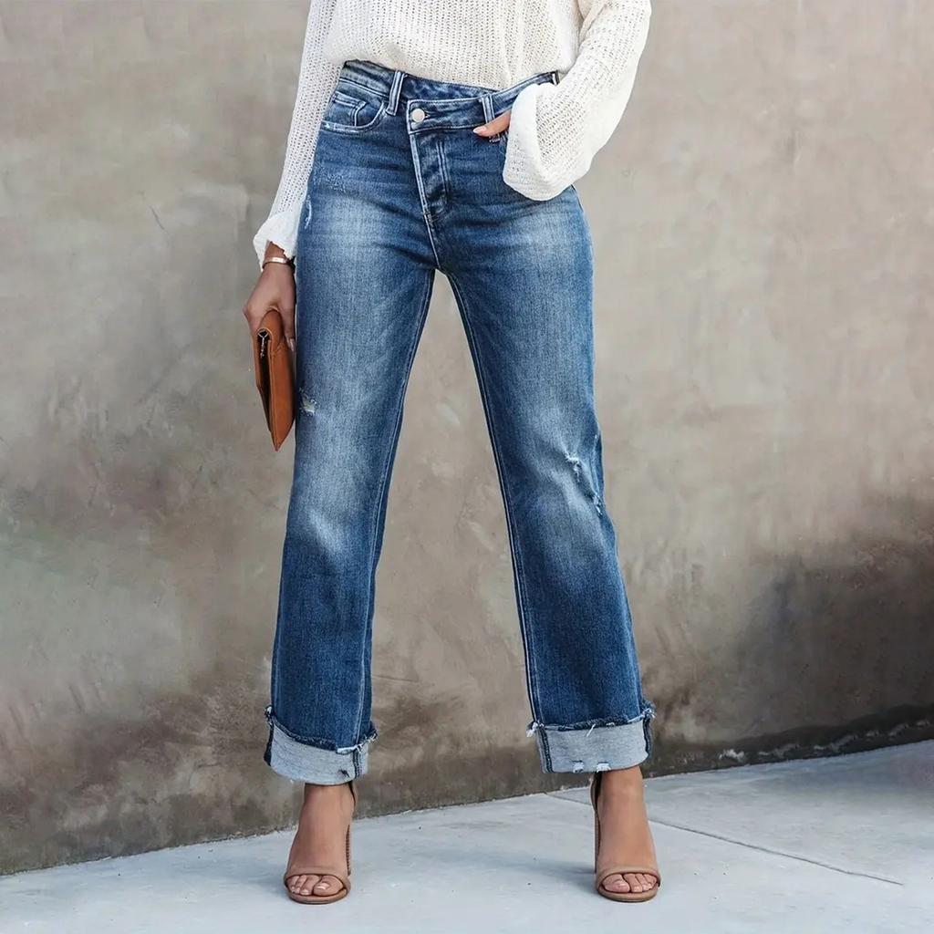 Ladies' Solid Color Casual Versatile Mid Waist Straight Leg Denim Straight Leg Jeans With Fringed Edges