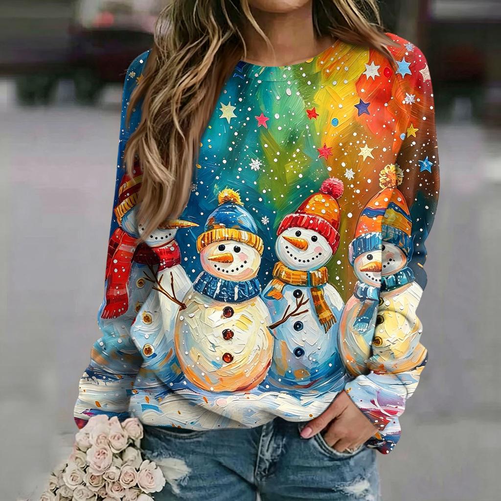 Women's Casual Neck Long Sleeve Raglan Christmas Print Pullover Sweatshirt