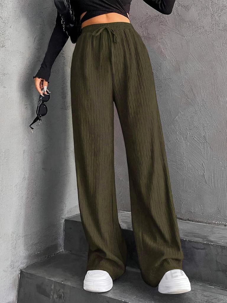 2026 Autumn/Winter Women's Solid Color Wide-Leg Pants: High Waist Drawstring with Elastic Waist for Casual Wear