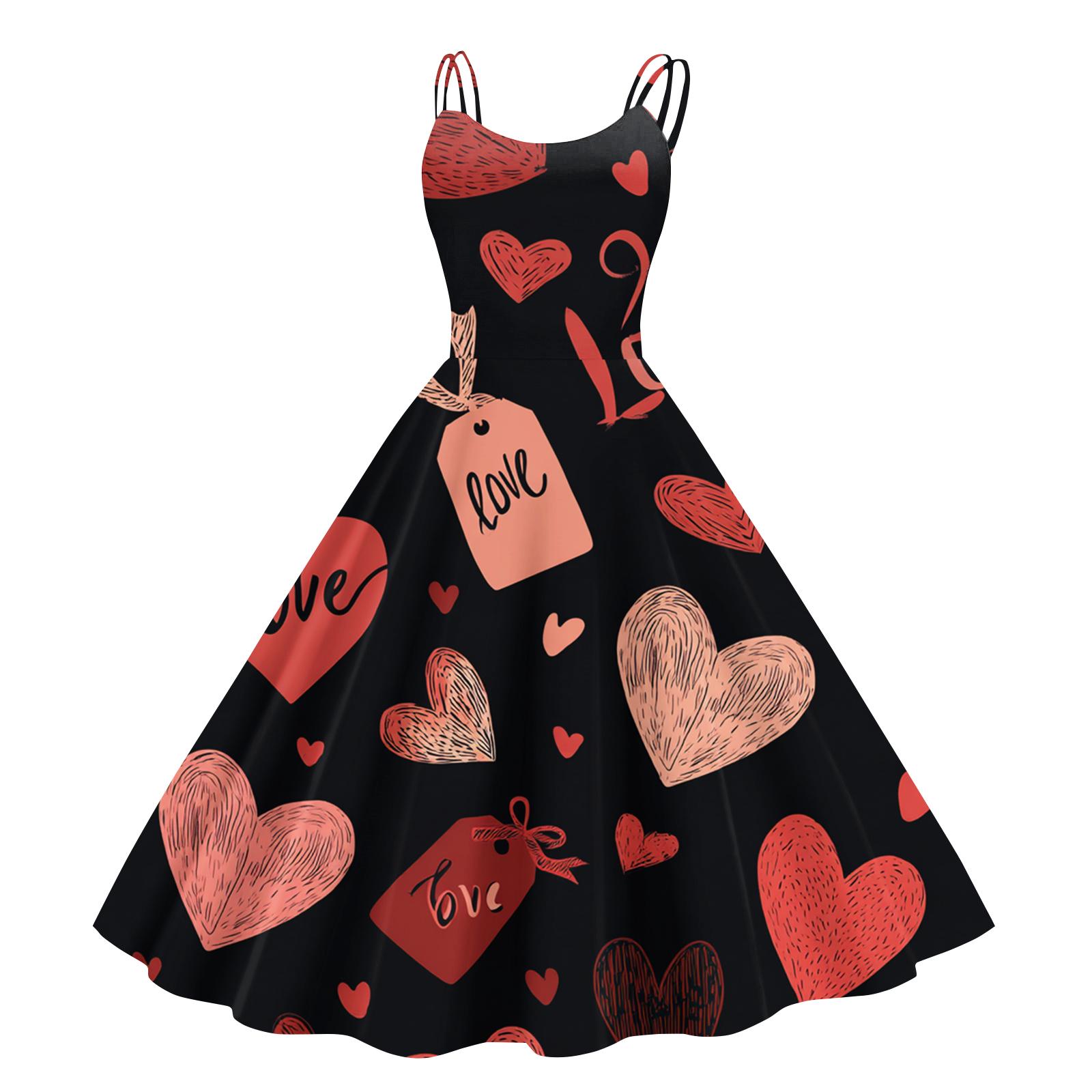 Women s Casual Fashion Valentine s Day Printed Off-Shoulder Sleeveless Dress L чёрный