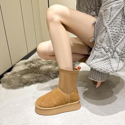 Women's 2024 Thick-Soled Genuine Leather Snow Boots - Elastic Winter Pencil Boots, Fashionable for Students
