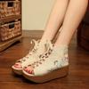 Fashion 2025 New National Style Embroidery Shoes High Heel Fish Mouth Thick Platform Muffin With Cloth Retro Women's Shoes Sandals