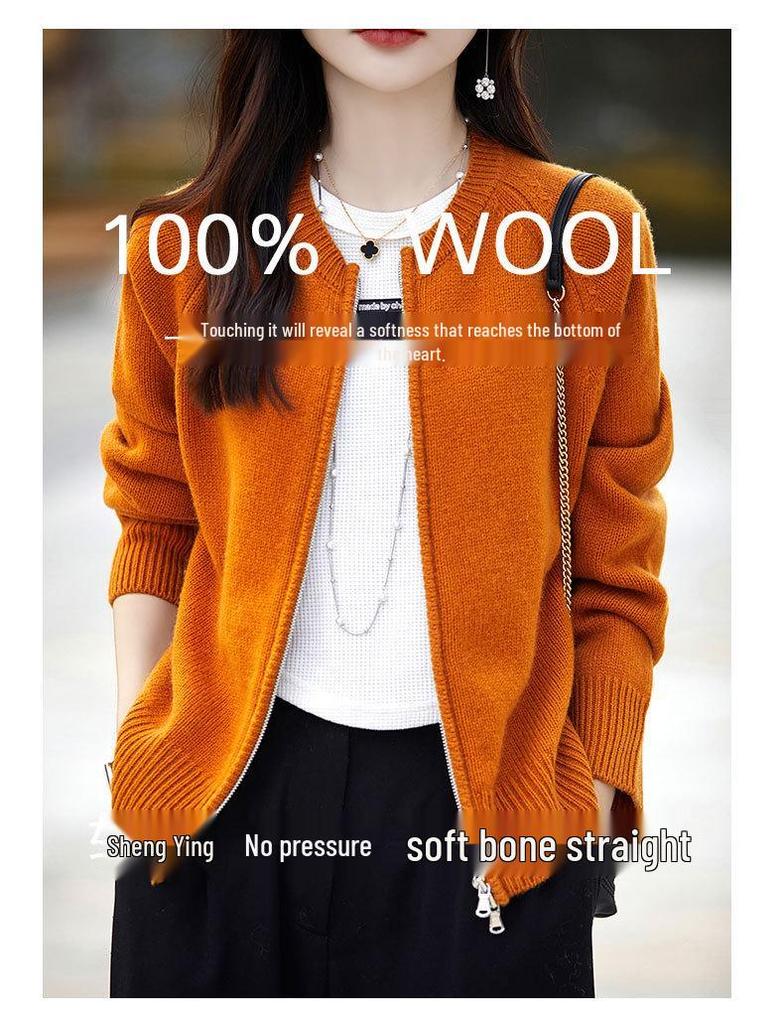 Women's 100% Wool Round Neck Knit Cardigan - Double Zipper, Solid Color, Loose Fit, Casual Fashion, Short Length