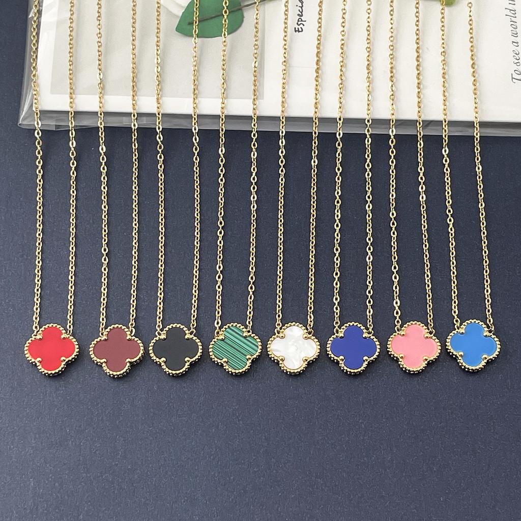 15mm Dubbelsidigt Titanstål Fyrklöver Halsband Dam Enkelt Titanstål Nyckelbenskedja Halsband Nät Röd Smycke