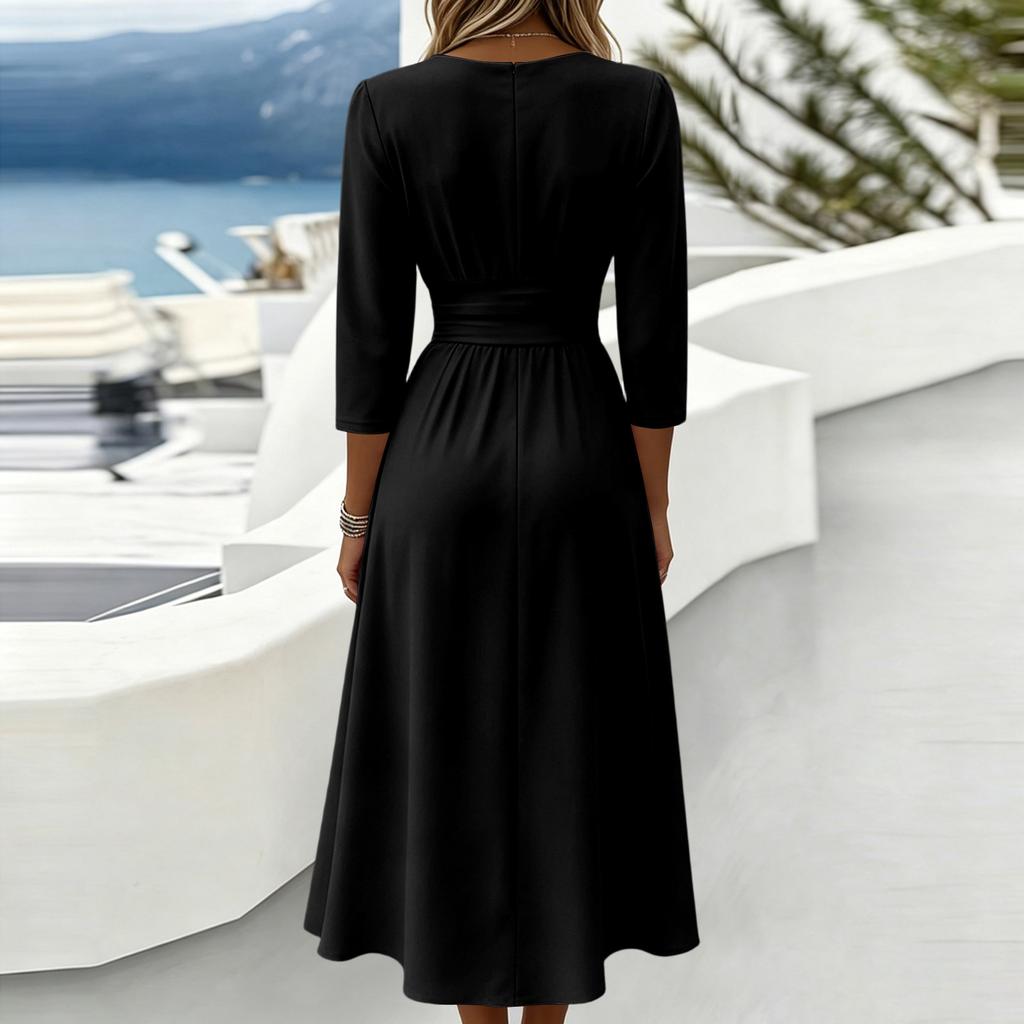 Women's V-Neck Three-Quarter Sleeve Back Zipper Dress Color Casual Fit