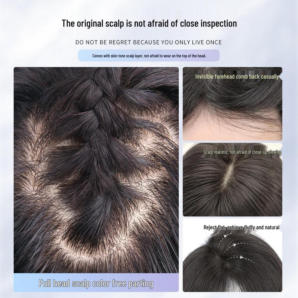 Hand-Knitted Fluffy Real Hair Topper for Women: Conceal White Hair, Invisible Hair Replacement.