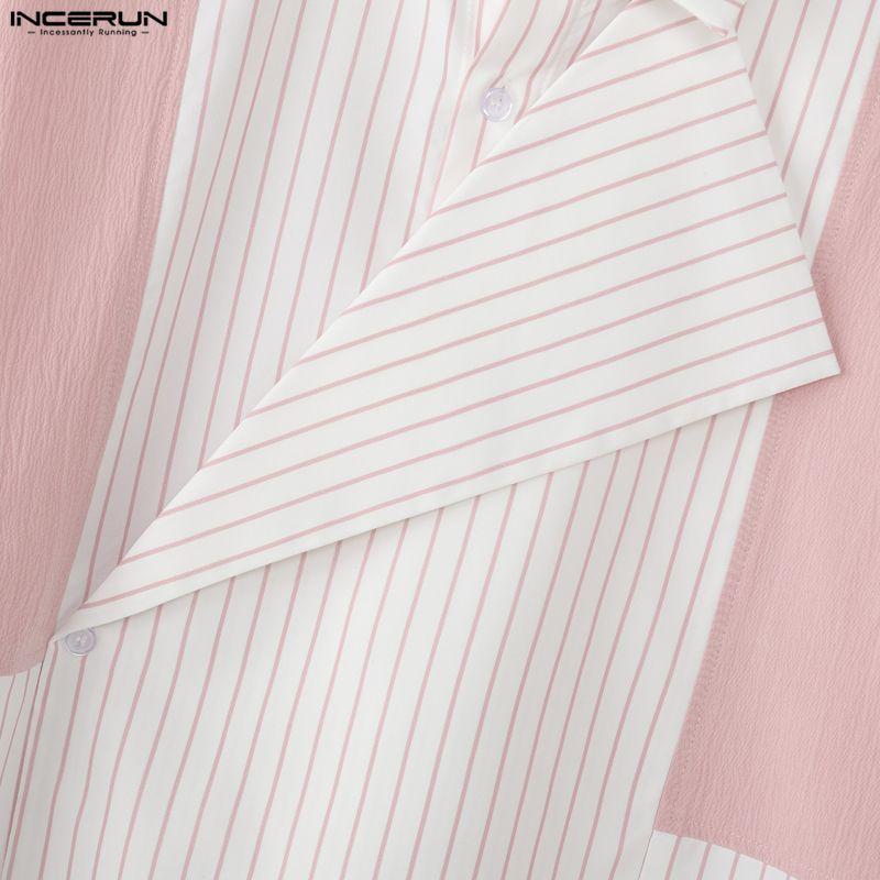 INCERUN Summer Men Lapel Neck Short Sleeve Striped Splicing Casual Short Cropped Shirts