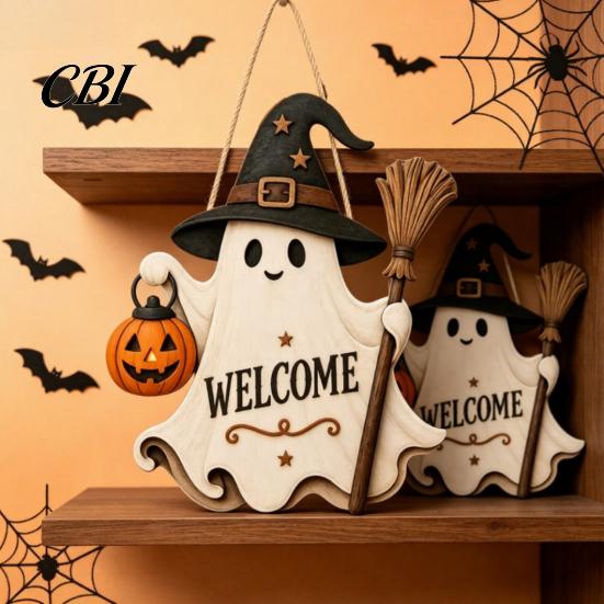 Wizard Hat Ornament Halloween Wooden Hanging Door Sign, Cute Ghost Welcome with Witch Entrance Decoration Pumpkin Lantern Design, Holiday Wall