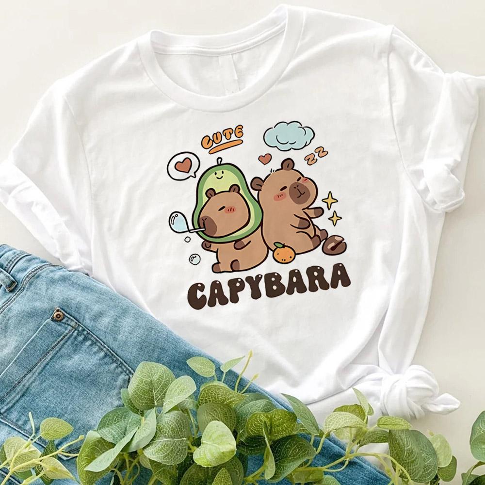 Women Men Capybara Tees Short Sleeved Clothes Boys Girls Round Neck Tops Couple Cute Cartoon Capybara