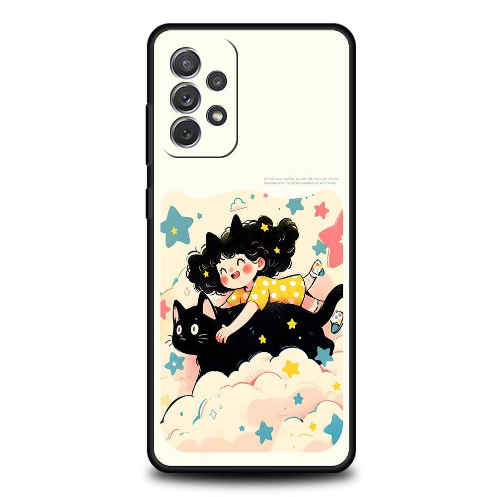Cute Cartoon Black Cat Phone Case for Samsung A57 A37 A51 A71 A21S A17 A15 A25 A41 A23 A33 A53 A73 A07 A05S A13 A35 A55 5G Cover