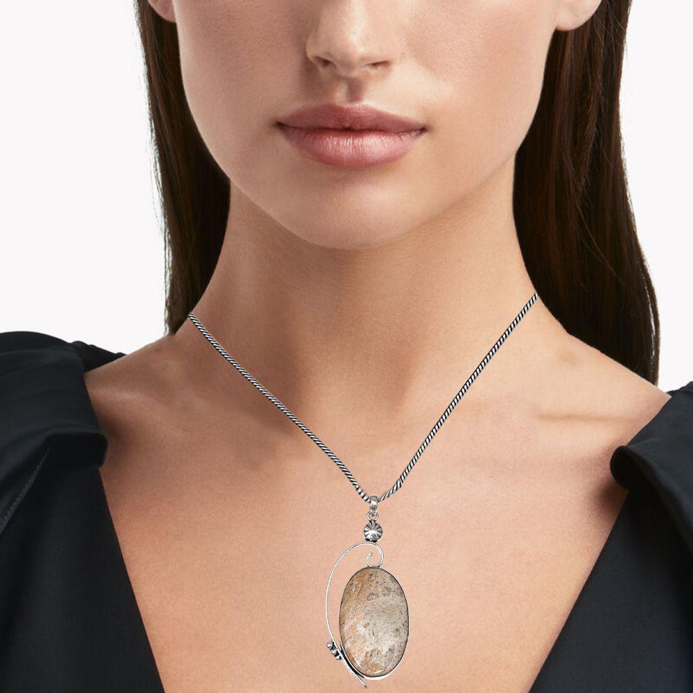 Necklace Fossil Coral Gemstone Handmade Silver Jewelry 3"