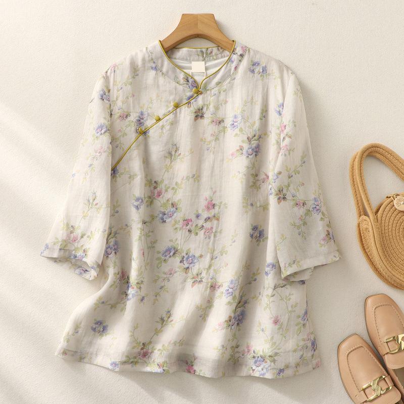 

Женская льняная блузка с цветочным принтом в китайском стиле с воротником-стойкой, рукавом 3/4, повседневная свободная блузка L бежевый