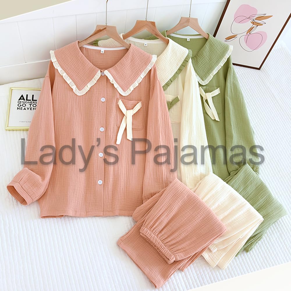 IDOHEMO Gauze Loungewear Set for Long Comfortable and Loose Size M Women's Pajamas, 100% Cotton, Girls, Sleeves, Fit, Beige,