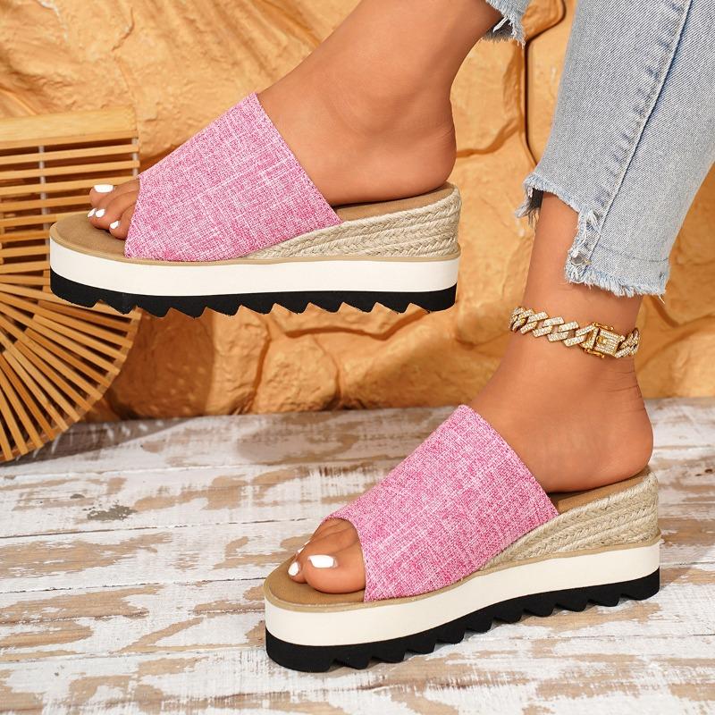 Women's Large Size Summer Canvas Wedge Thick Sole Denim Slide Sandals.