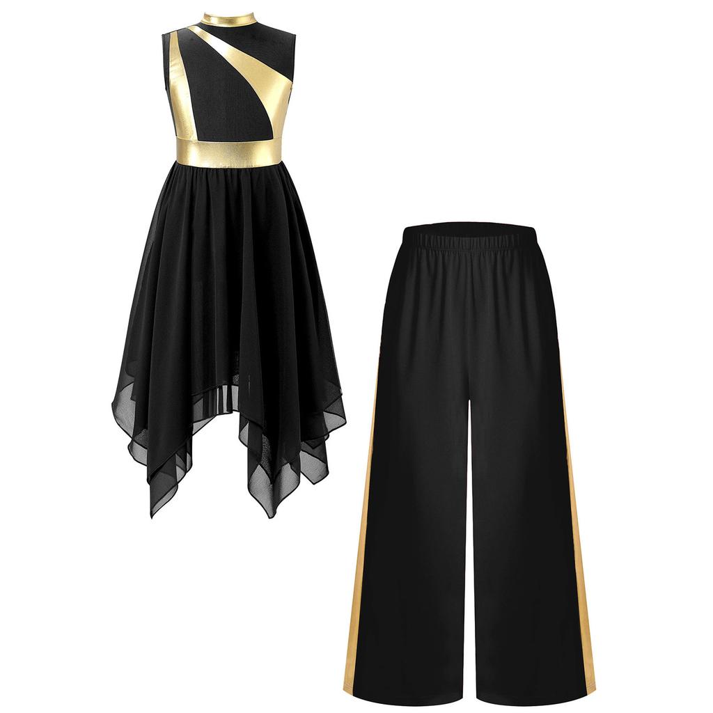 Girls Liturgical Praise Lyrical Dance Outfit Metallic Patchwork Sleeveless Asymmetrical Hem Dress Wide Leg Pants Set