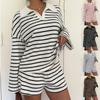 Women Striped Two Piece Shorts Set Waffle Knit Lapel Collar Long Sleeve Top and Shorts Loungewear