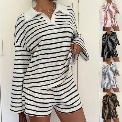 Women Striped Two Piece Shorts Set Waffle Knit Lapel Collar Long Sleeve Top and Shorts Loungewear