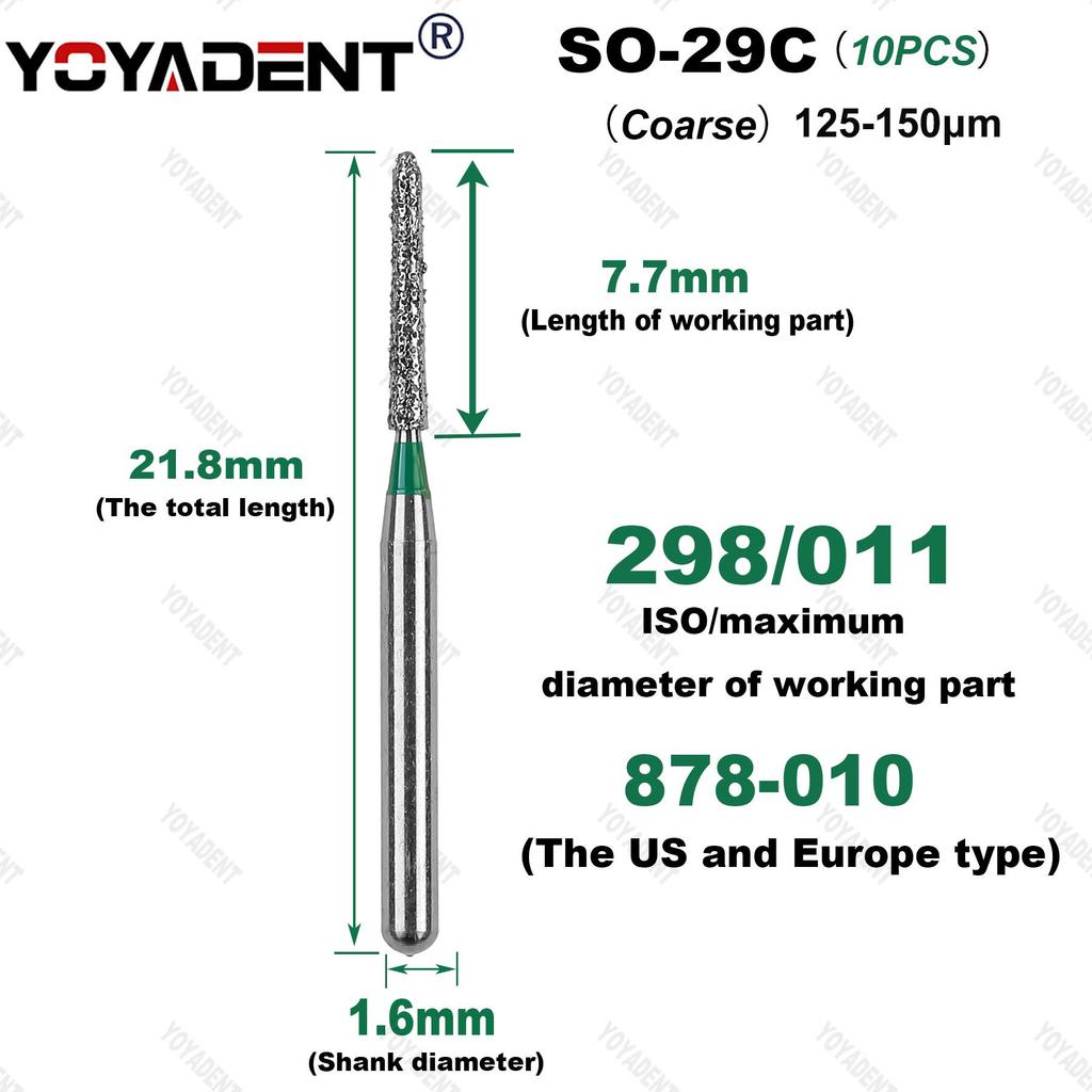 10Pcs/Pack Dental Diamond Burs SO Type Extra Coarse/Coarse/Standard Dentistry Drills For High Speed Handpiece Dia.1.6mm