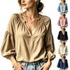 Women's V-Neck Blouse with Three-Quarter Sleeves, Loose Fit Pleated Color Casual Top