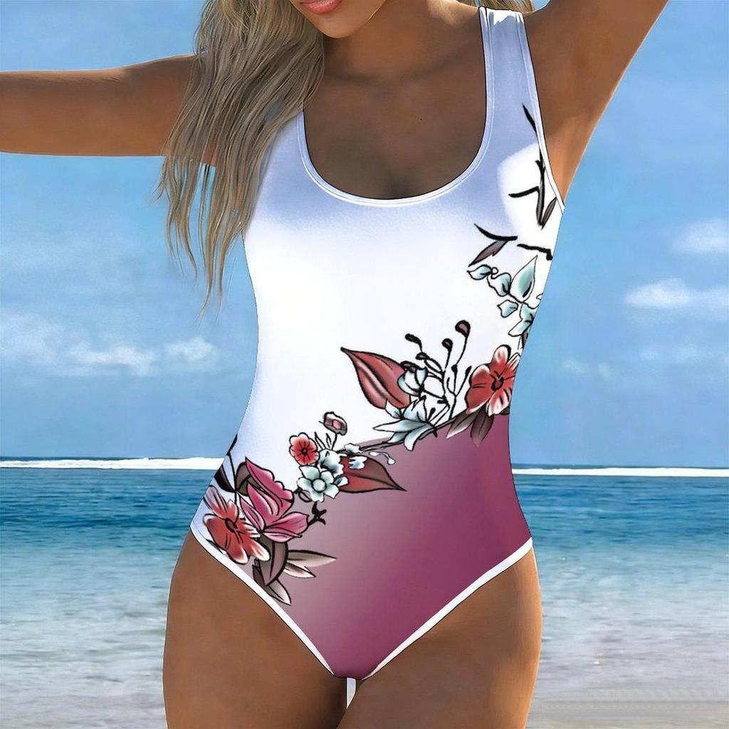 Summer Sexy Multi Colored Flowers Printed One-piece Swimsuit Slim Fit , Deep U-back Design, Beach Pool Vacation Eye-catching Fashion Swimsuit