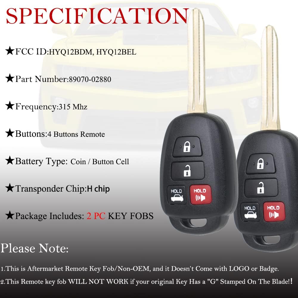 MechanMagic Key Fob Remote Replacement Fits for Toyota Corolla 2014-/Camry 2014-2017/Tacoma 2016-2018 HYQ12BDM Keyless Entry Remote Control HYQ12BEL