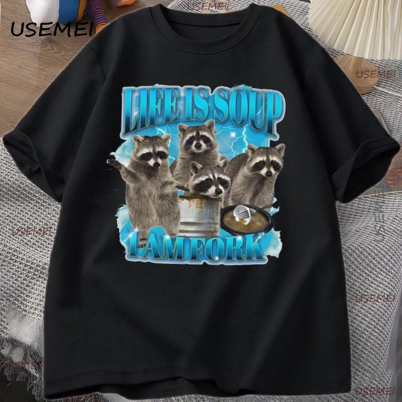 Funny Raccoon Tshirt Unisex Unisex Life Is Soup I Am Fork T Shirt Raccoon Vintage Graphic Tee Animal Lover Tshirt Streetwear Tops