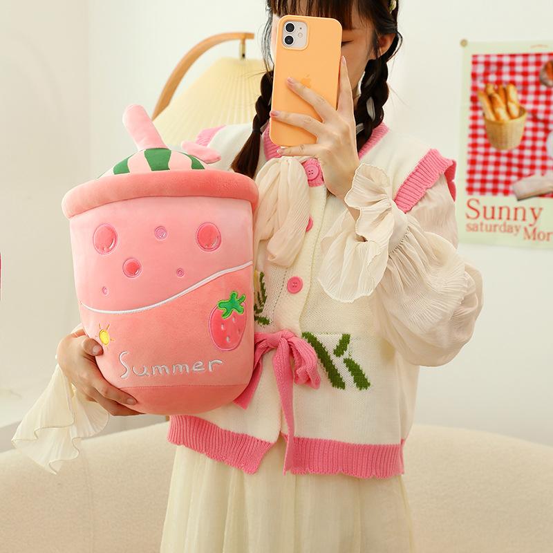Internet celebrities super cute cute milk tea fruit cup plush toy large strawberry milk tea gift for girls
