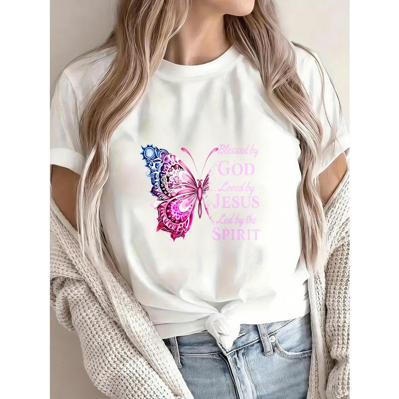 Tricou Alb Cu Fluture Și Text Religios Binecuvântat de Dumnezeu Iubit de Iisus Condus de Duh Pentru Purtare Casual