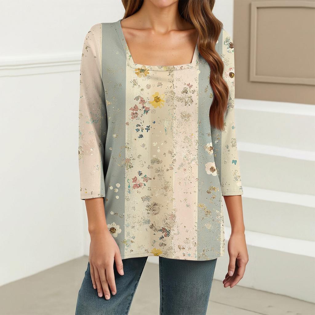 Dámské tričko s potiskem a 3/4 rukávy pro každodenní nošení i na víkend, módní základní top se čtvercovým výstřihem, běžný střih