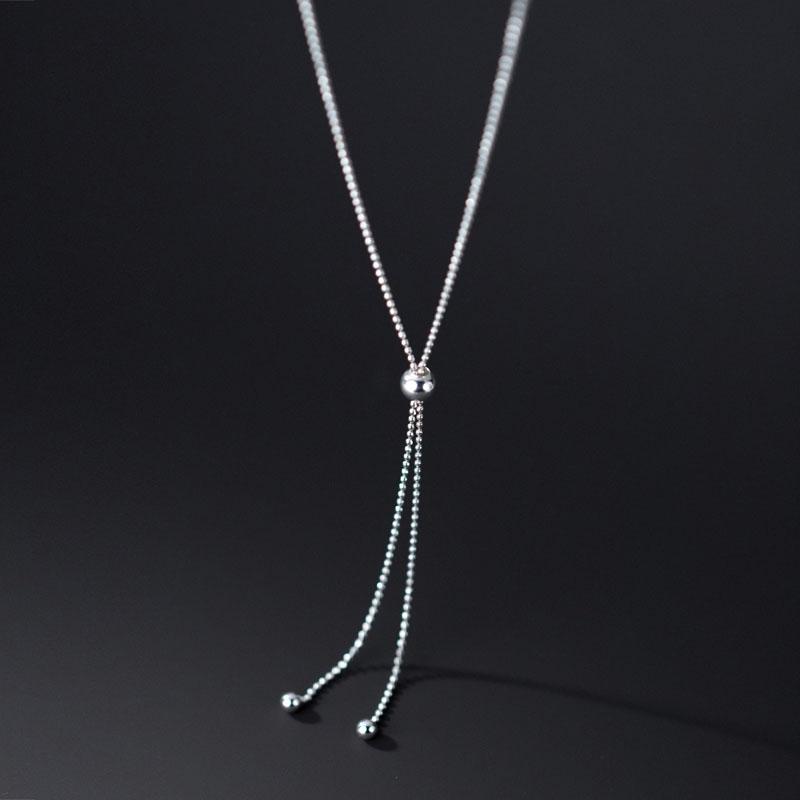 925 Sterling Silver Long Simple Glossy Beads Adjustable Sweater Chain Necklace for Women Jewelry