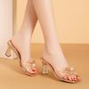 Fashion Low Slippers Women Summer Transparent Heel High-Heeled Shoes Lady Square heel Glitter Slides Pantofle Soft Block Jelly 2024 Sexy