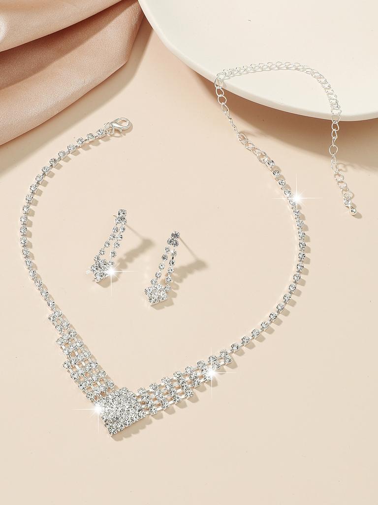 Fashion Rhinestone Love Necklace Earrings Set, Shiny Bridal Necklace Earrings